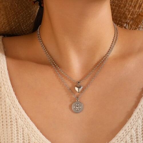 Docona Punk Multilayer Heart Pendant Necklace for Women Vintage Silver Color Geometric Circle Clavicle Chain Jewelry Party 15971