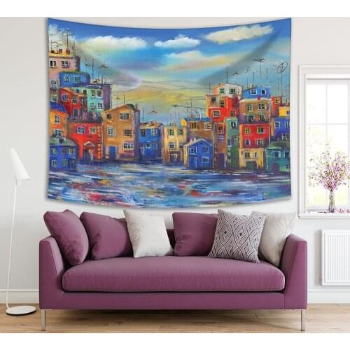 Tapestry Town Near Sea Houses Buildings in Clouds Sky Harbor City Oil Painting Printed Blue Orange Red