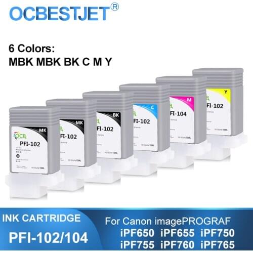 PFI-102 PFI-104 130ML Compatible Ink Cartridge Full With 130ML Pigment Ink Inside For Canon IPF-650 IPF-655 IPF-750 6 Colors