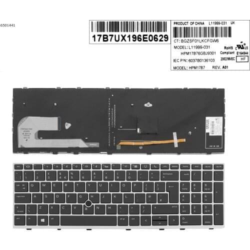 UK New Replacement Keyboard for HP EliteBook 850 G5 755 G5 850 G6 Laptop Silver Frame Black Key with Backlit Pointer