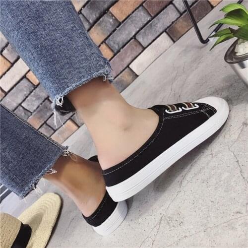 Summer Canvas Shoes Womens Half Slippers No Heel Lazy One Pedal Korean Version Can Step On The Wild Flat