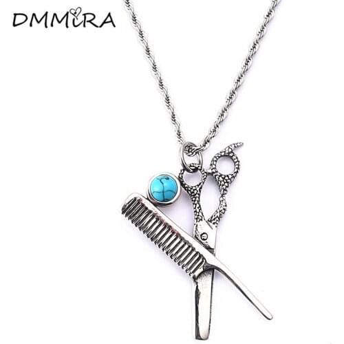 Fashion Men Retro Color Black Blue Yellow Stones Pendant Stainless Steel Hair Stylist Comb Scissors Pendants Necklace Jewelry