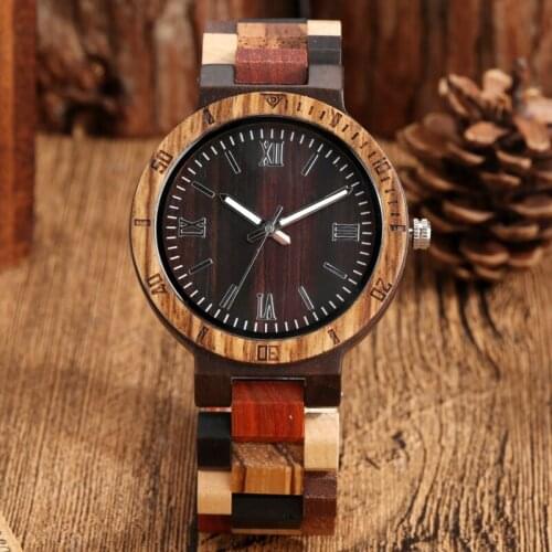 Mens Watch Vintage Mixed Color Wood Strap Wooden Quartz Wristwatches Sports Roman Scale Dial Man Clock Top Brand Luxury reloj