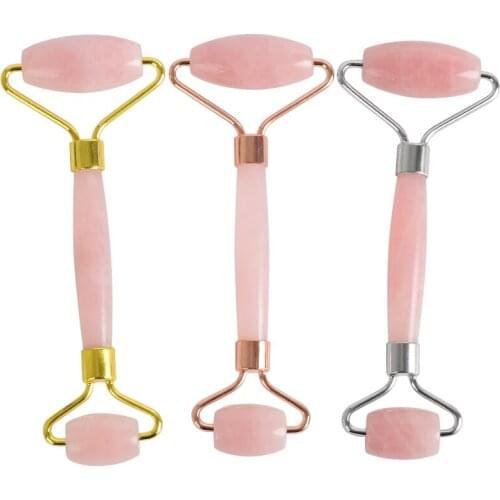 Noise Free Set Natural Rose Quartz Face Massage Roller GuaSha Scraping Massage Stone Remove Wrinkle Slimming Tool