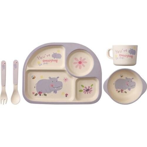 5 PCS/set Baby Bamboo Fiber Tableware Set Cartoon Plate Bowl With Cup Spoon Fork Baby Kids Plate Set Solid Feeding Dishes