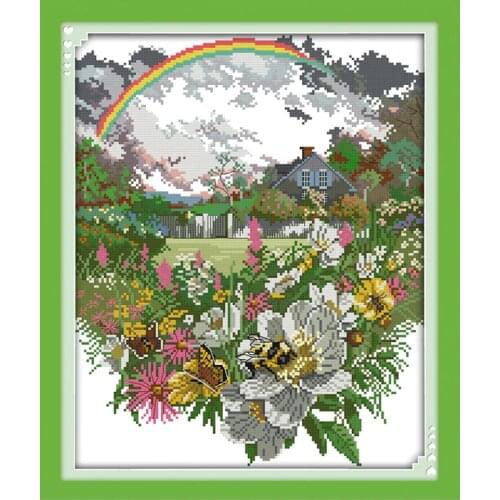 Joy sunday DIY Cross Stitch Kits Rainbow Landscape Cross Stitch Pattern Embroidery Needlework Craft Set Count Printed Canvas