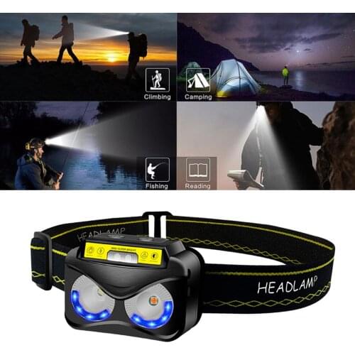 USB Rechargeable LED Headlamp Flashlight Motion Sensor Mini Head Band Light for Outdoor Camping Cycling Running Fishing
