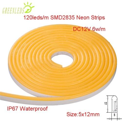 Neon Strips 120leds/m SMD2835LEDs DC12V 5x12mm 6w/m Silicone Casing IP67 waterproof Flexible Strips with 3 Years Warranties