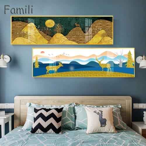 New chinese golden blue banner style Mountains Canvas painting Bedside poster n prints Wall Art Posters For Living Room Bedroom