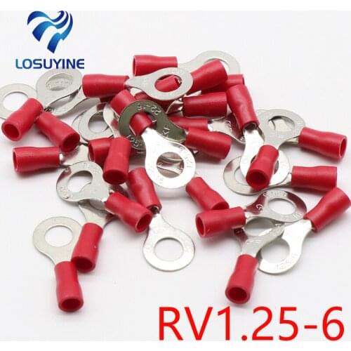 RV1.25-6 Red 22-16 AWG 0.5-1.5mm2 Insulated Ring Terminal Connector Cable Wire Connector 100PCS/Pack RV1-6 RV
