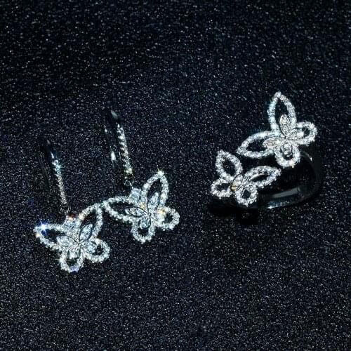 QTT Retro Butterfly Dangle Earrings Ring 925 Sterling Silver Bridal Jewelry Set for Women White Zircon Stone Wedding Jewelry Set