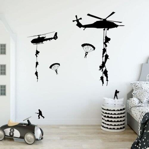 Army Soldier Wall Sticker Aircraft Vinyl Decal Teens Boys Kids Bedroom Decor Troops Fans Man Home Decoration Parachuting Landing