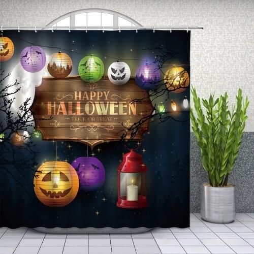 Halloween Shower Curtains Pumpkin Color Lantern Horror Night Moon Stars Holiday Theme Bathroom Decor Polyester Curtain Set