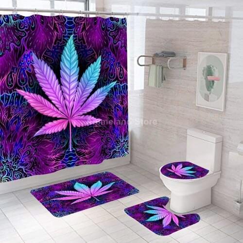 Purple Marple Leaf Shower Curtains Fashion Bathroom Curtain Bath Set Toilet Cover Mat Non-Slip Washroom Rug Set Modern 180x180cm