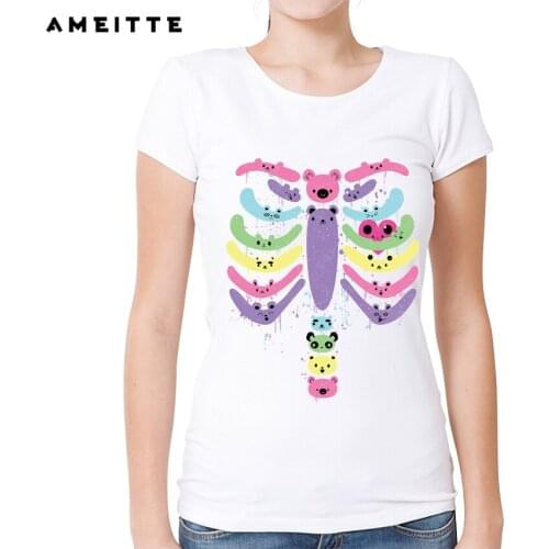 2019 AMEITTE Fashion Kawaii Bear Bones T-Shirt Womens Cartoon Animals Printing T Shirt Summer Novelty Short Sleeve Tee Tops
