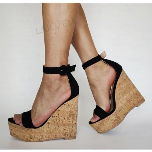 LAIGZEM Women Sandals Platform Wedge Faux Suede High Heels Ankle Straps Party Pumps Ladies Shoes Woman Large Size 43 44 50 52