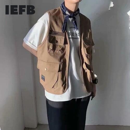 IEFB American Style Khaki Multi Pocket Workwear Vest Coat Zipper V Collar Sleeveless Waistcoat 2021 New Korean Clothing 9Y8205
