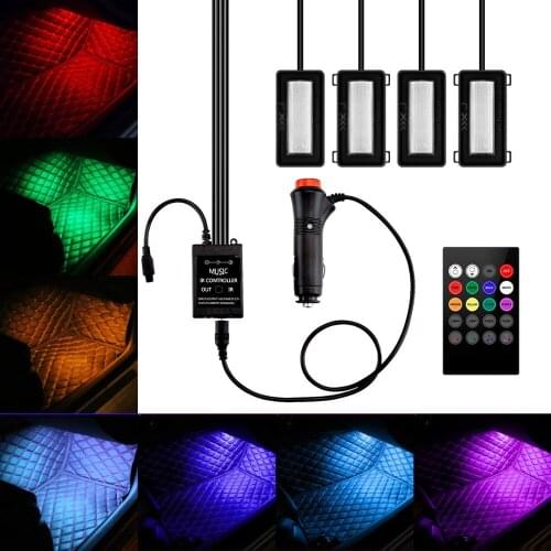 4 in 1 LED Car Colorful Interior Atmosphere Light Auto Voice Control RC Controls RGB Floor Foot Decal Strip Lamp