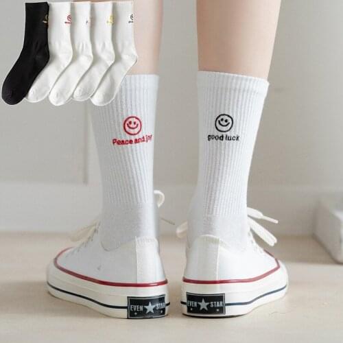 Anewmorn Korean Black White Womens Socks Smiling Face Embroidery Professional Sport Skateboard Cycling Socks Cotton Носки