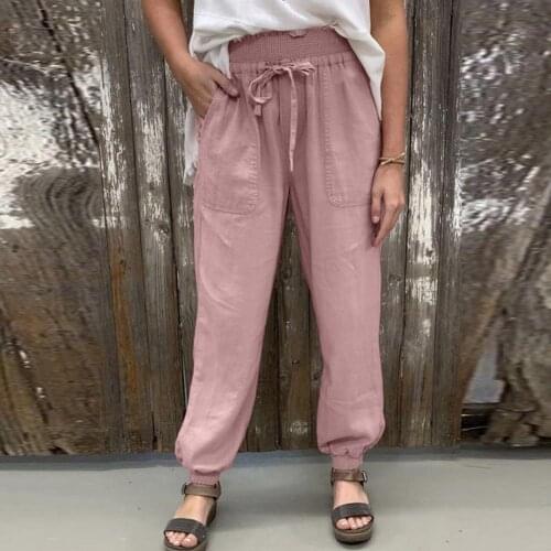 Womens Linen Pants Elastic Waist Vintage Trousers Lady Loose Women Pants with Pockets All-match Solid Color Summer Beach