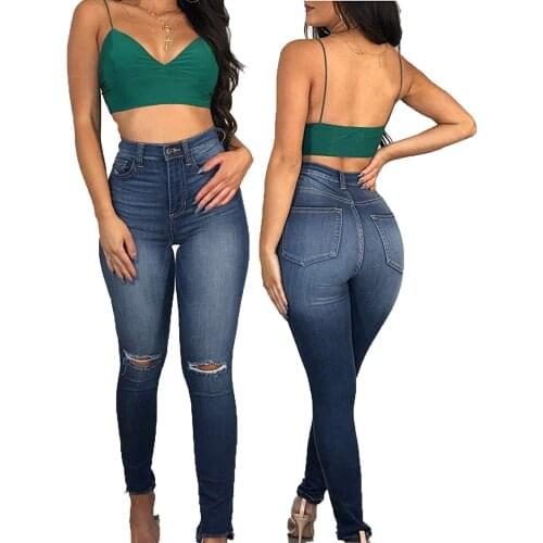 European and American womens fashion all-match washable hole stretch high waist leggings leggings mother jeans