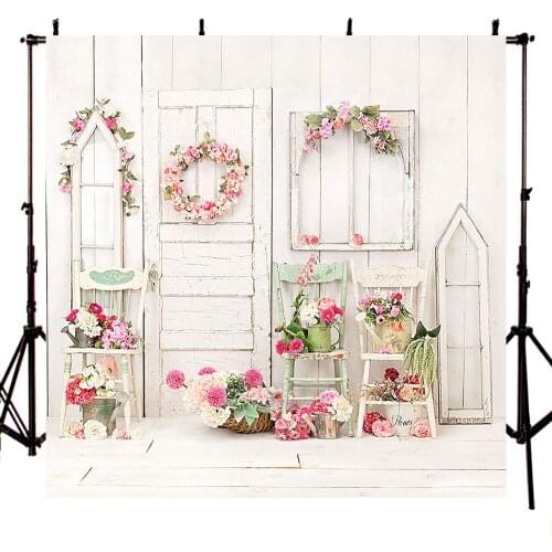 Avezano Flower Shop Photography Background White Wood Wall Door Pink Floral Backdrop Baby Shower Party Portrait Photo Studio