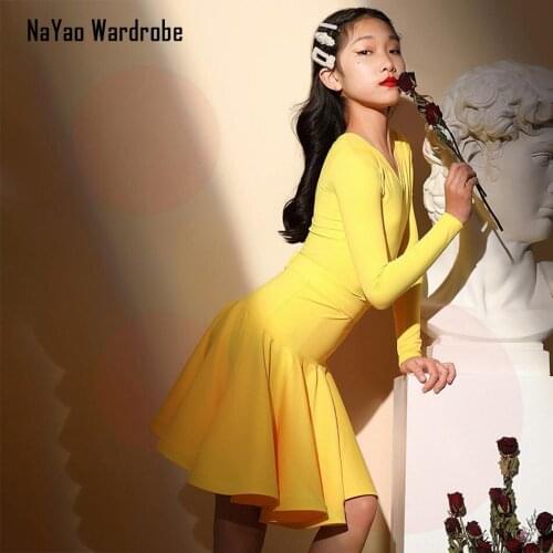 G3471 Long Sleeve Kids Latin Dance Dress Lotus Hems Design Girl Latin Dancing Cloth for Stage Ballroom Dancewear