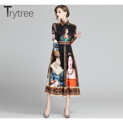 Trytree Spring Summer Woman Casual Dress Turn-down Collar Button Cartoon Fashion A-line Vintage Elegant Black Mid-Calf Dress