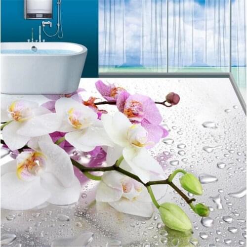 Beibehang Customized nonwovens waterproof wallpaper romantic beautiful dew butterfly orchid bathroom 3D floor tiles