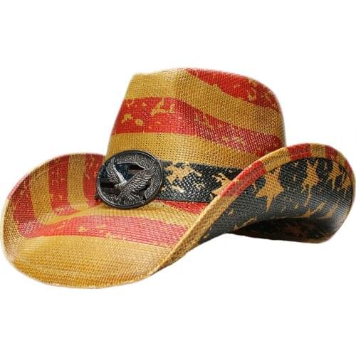 Eagle & National Flag Band Womens Mens Unisexs Retro Hard Paint Straw Wide Brim Sun Beach Cowboy Cowgirl Western Hat (58cm)