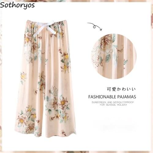 Women Loose Sleep Bottoms Floral Quick-dry Breathable Home Trendy Cozy Slouchy Nightwear Ankle Length Lounge Thin Summer Popular