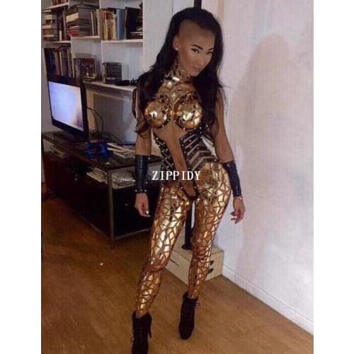 Sexy Gold Sequins Jumpsuit Bright Evening Outfit Party Glisten Crystals Bodysuit Costume One-piece Designed Stage Skinny Rompers