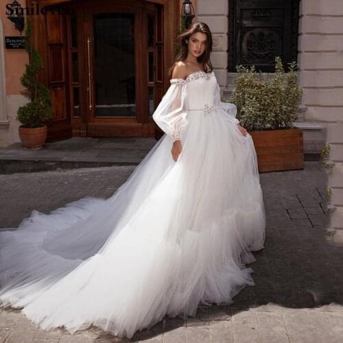 Smileve Princess Wedding Dress Puff Sleeve Boho Bride Dresses Off The Shoulder Wedding Gowns With Crystal Vestido de novia