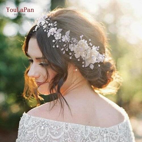 TOPQUEEN HP275 Pearl Bridal Headband Sliver Bridal Hair Jewelry Crystal Headpiece Flower Bridal Hair Accessories Women Tiara