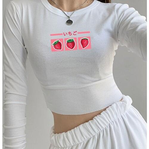 Kawaii Strawberry TShirt Women Cotton Pants Sets Long Sleeve Tight T-Shirt Casual Fashion Harajuku Streetwear Female Gothic Tops