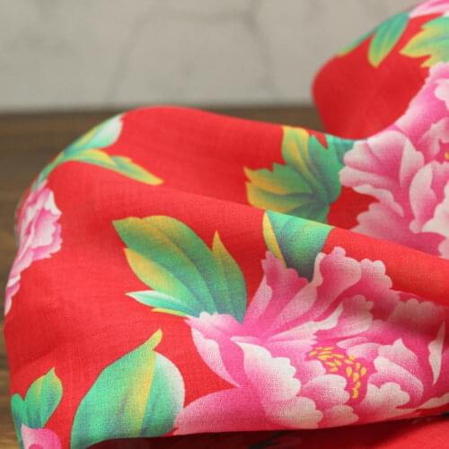 High quality pure ramie tissus Rich Peony Flowers fabric Fresh Printing of Literature and Art fabrics