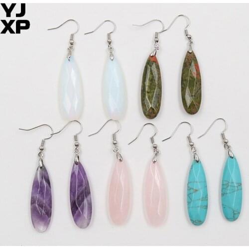 YJXP 1 Pair Natural Amethysts Opal Rose Crystal Green Turquoises Long Water Drop Section Earrings For Women Gift Jewelry