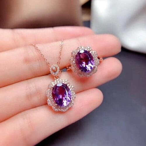 S925 Silver Natural Amethyst Jewelry Sets for Women Party Necklace and Ring Fine Jewelry Real Violet Crystal Gifts 8*10MM