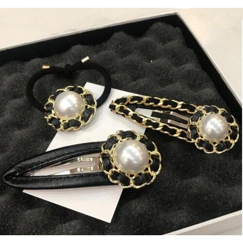 Korean Luxury Leather Metal Chain Hair Clip for Women Fashion Pearl Geometric Circle Hair Pins Girls bride Brand Jewelry Z177