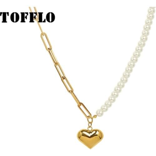 TOFFLO Stainless Steel Jewelry Pearl Necklace Female Sweet Imitation Pearl Peach Heart Chain BSP1009