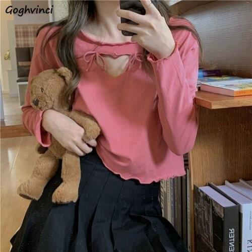 T-shirts Women Spring Hollow Out Sweet Korean Style Solid All-match Casual Crop Top Girls Vintage Slender Fungus-line Chic New