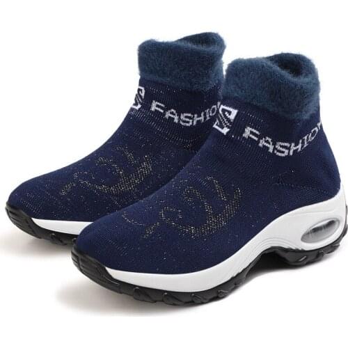 Women Snow Ankle Boots Sock Warm Fur Plush Winter Knitting Wedges Shoes Ladies Plus Size Outdoor Comfortable Air Cushion