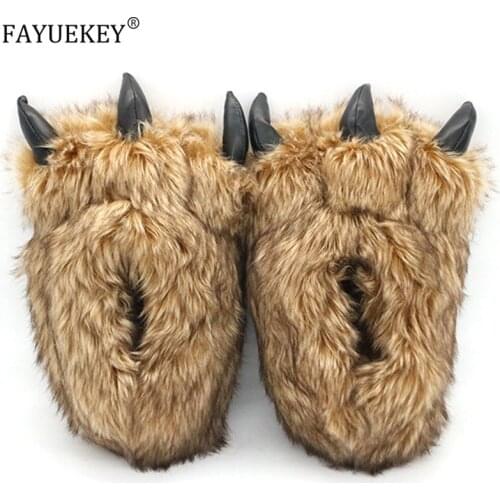 Women Winter Bear Claw Cotton Slippers Indoor Warm Womens Fur Slides Ladies Cute Plush Animal Shoes Female Fur Flip Flops
