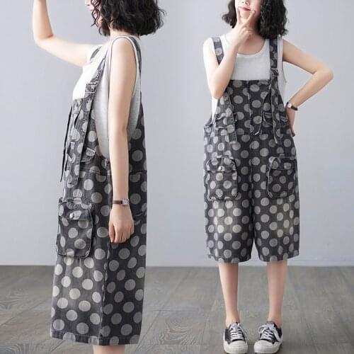 6377 Women Denim Playsuit Dot Printed Thin Loose Casual Comfortable Romper Deep Three-Dimensional Pockets All-Match Jumpsuit