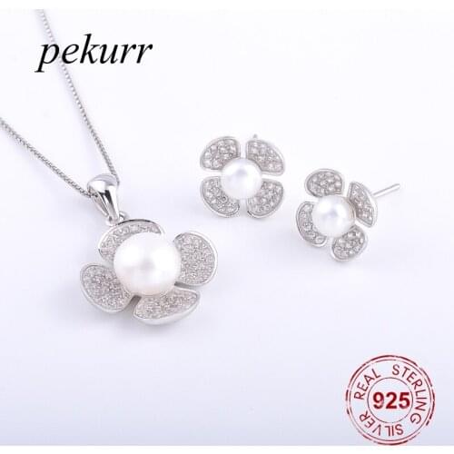 Pekurr 925 Sterling Silver Paved Zircon Clover Freshwater Natural Pearl Earrings Necklace Sets For Women Lucky Leaf Pendants