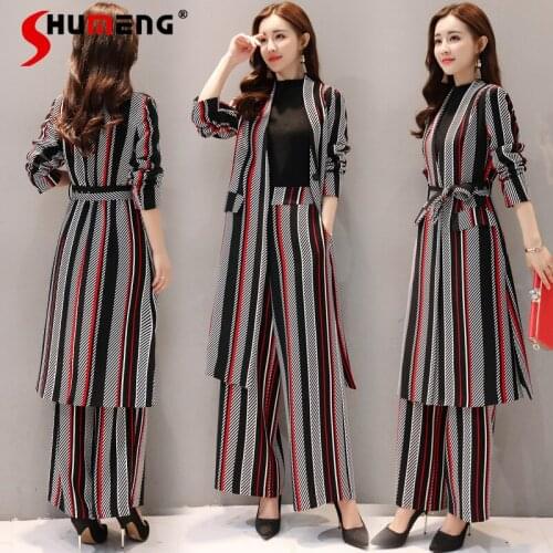 Womens Loose Striped Wide Leg Trousers Suit 2021 Autumn Fashion Elegant Graceful Mid-length Coat Wide-Leg Pants Two Pieces Suit