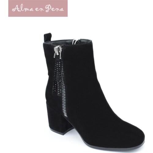 Winter Shoes For Female Short Boots High Heel Cow Suede Frosted Hot Drilling Zipper Solid Vintage Chunky Schoen Fast Selling