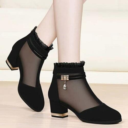 Mesh Sandals Boots Woman High Heeled Short Boots 2020 New Spring Women Summer Heels Shoes Female Fashion Pointed Toe Black