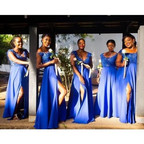 High Slit Royal Blue Lace Bridemaid Dresses Long 2021 Chiffon Sheer Neck Applique Prom Party Gown Sleeveless Wedding Guest Dress