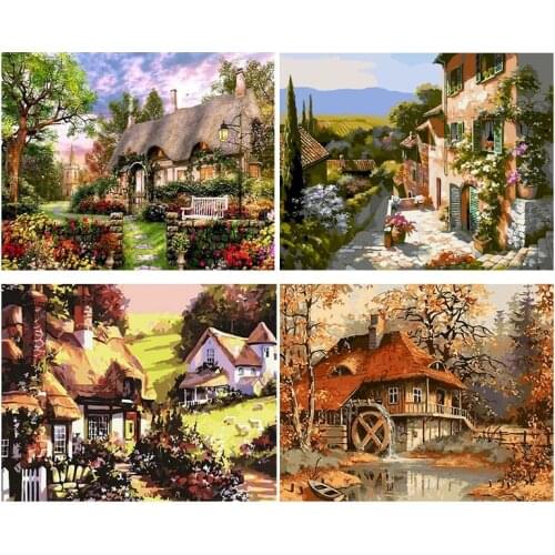 GATYZTORY Autumn Oil Painting By Numbers Nature Landscape cottage 60x75cm DIY Frameless number painting pictures by numbers
